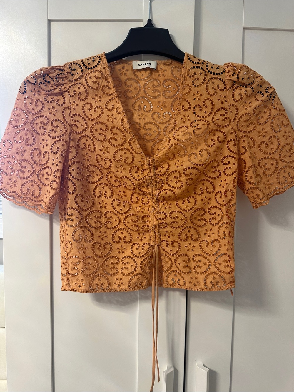 Sandro Orange Eyelet Lace Drawstring Crop Top